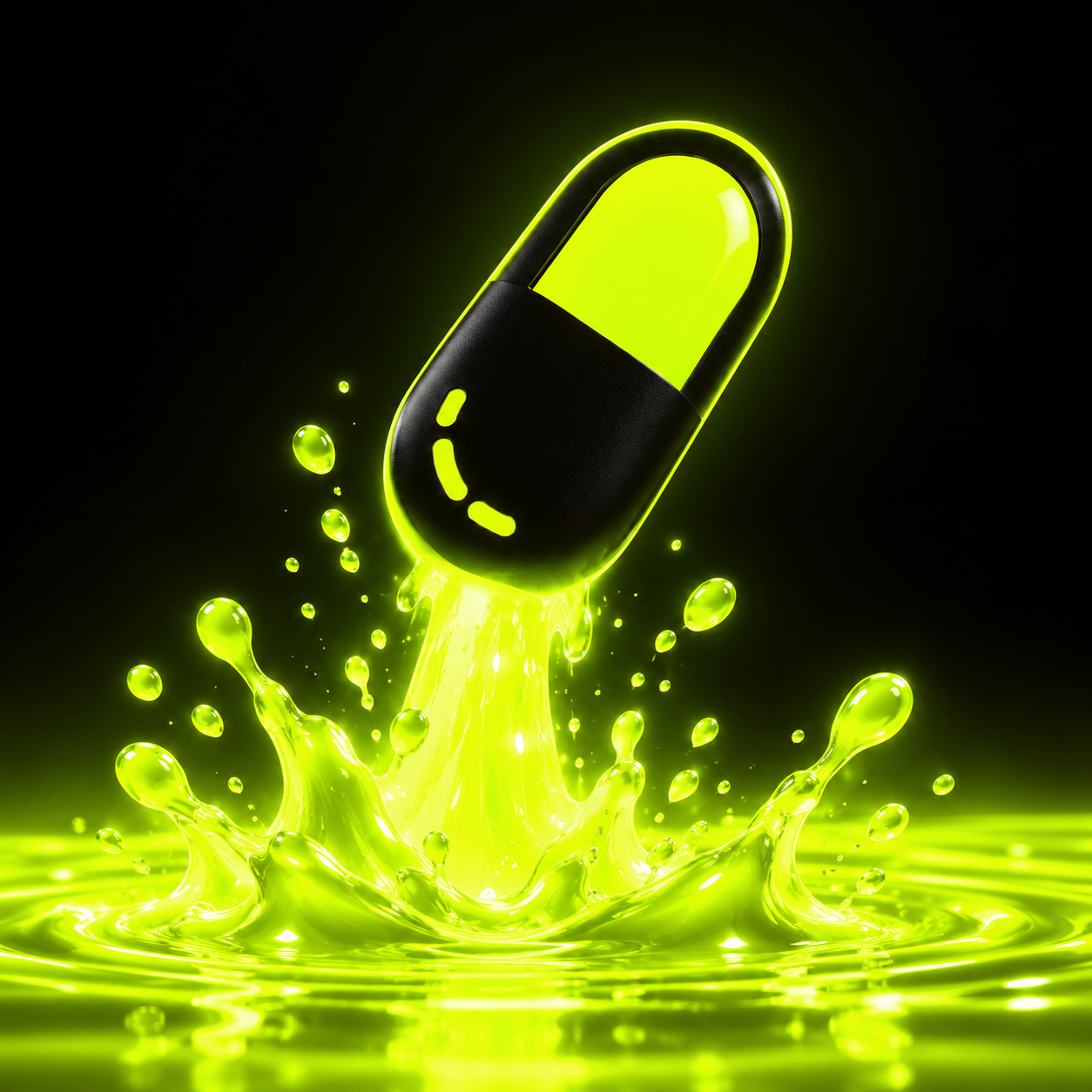 A black smiling capsule launching from glowing lime liquid